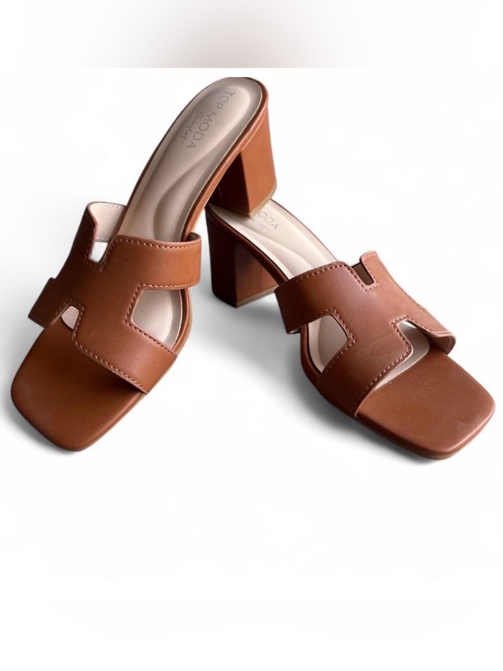 TOP Moda Tan Brown Cutout Block Heel Mules